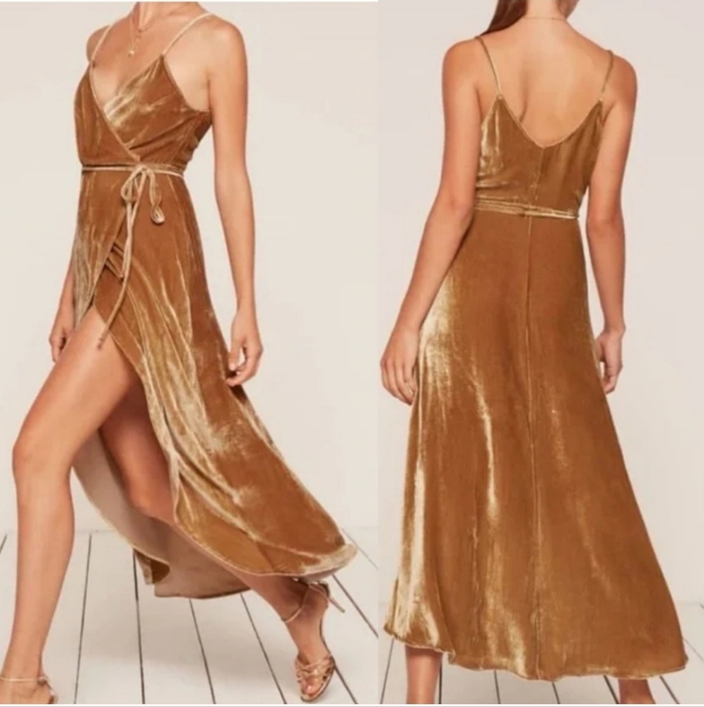 Reformation Anoush Velvet Gold Wrap Dress